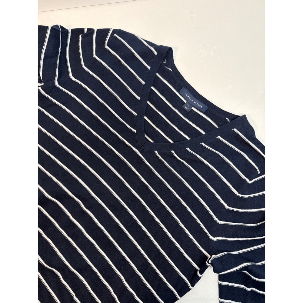 Tommy Hilfiger Long Sleeve V Neck Striped Sweater Top Navy White Womens L